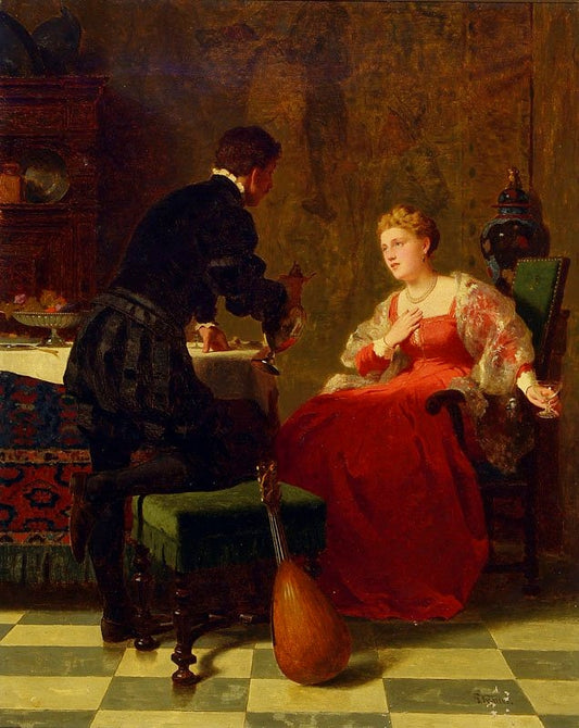 Lutenist courting the lady of the house, vintage artwork by Friedrich Kraus, 12x8" (A4) Poster