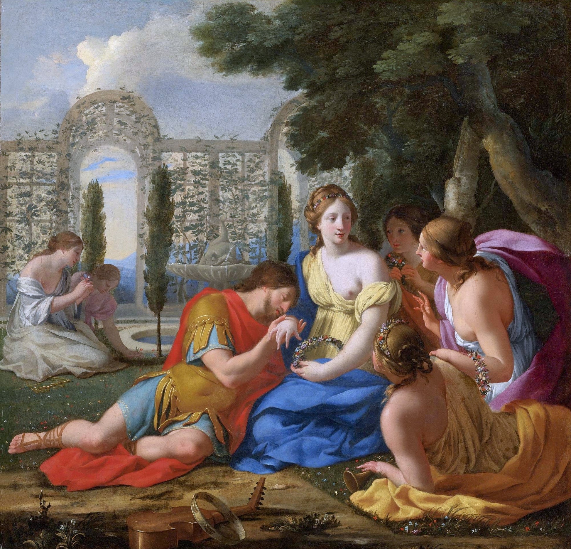 Hypnerotomachia Poliphili, Polyphilus and Polia Accompagnied by  Nymphs on Island of Cythera, vintage artwork by Eustache Le Sueur, 12x8" (A4) Poster