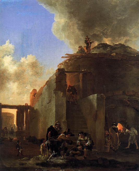 Beggars in Front of a Roman Lime Kiln, vintage artwork by Jan Asselijn, 12x8" (A4) Poster