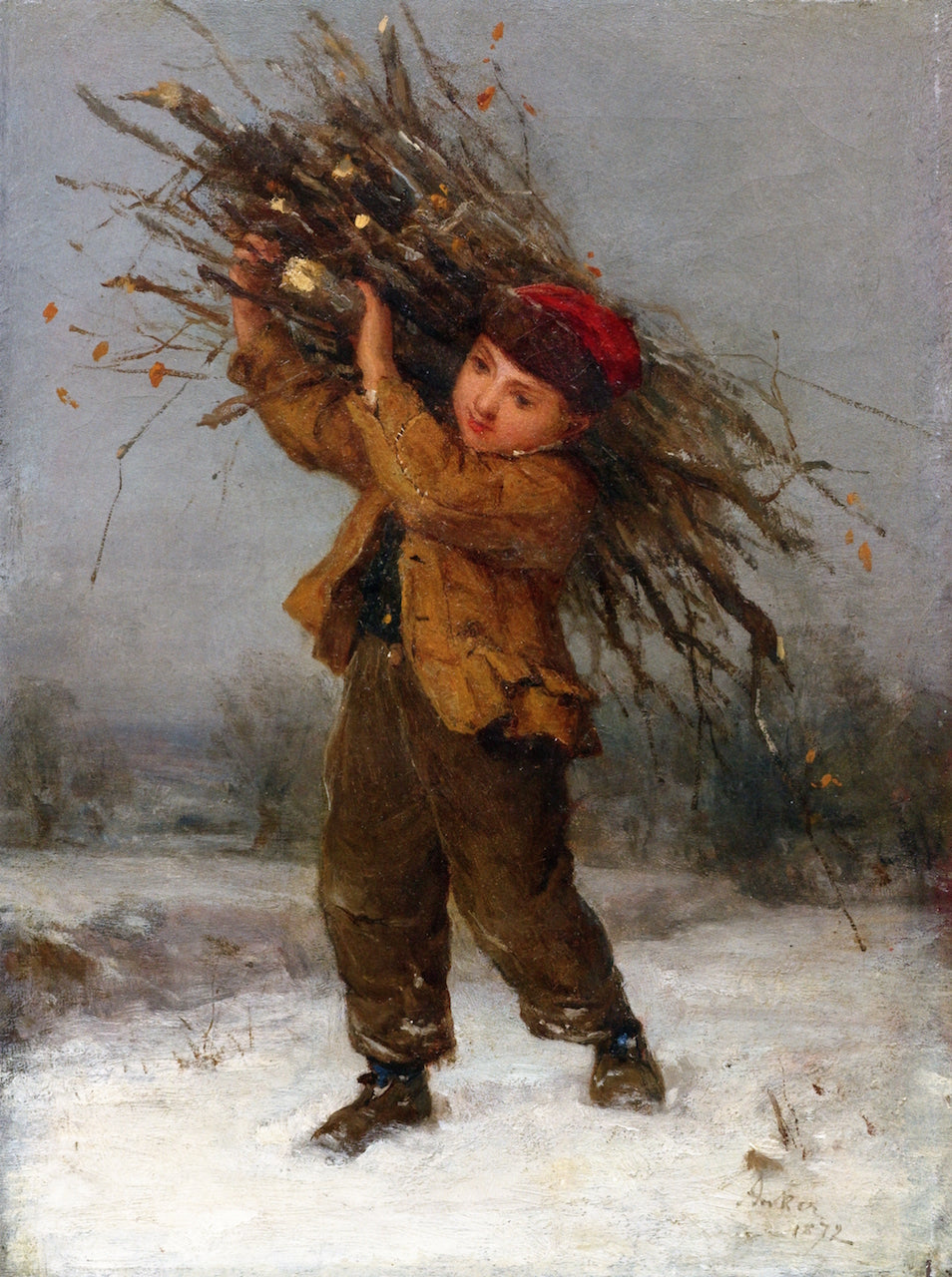 Boy with Fagot, vintage artwork by Albert Anker, 12x8" (A4) Poster