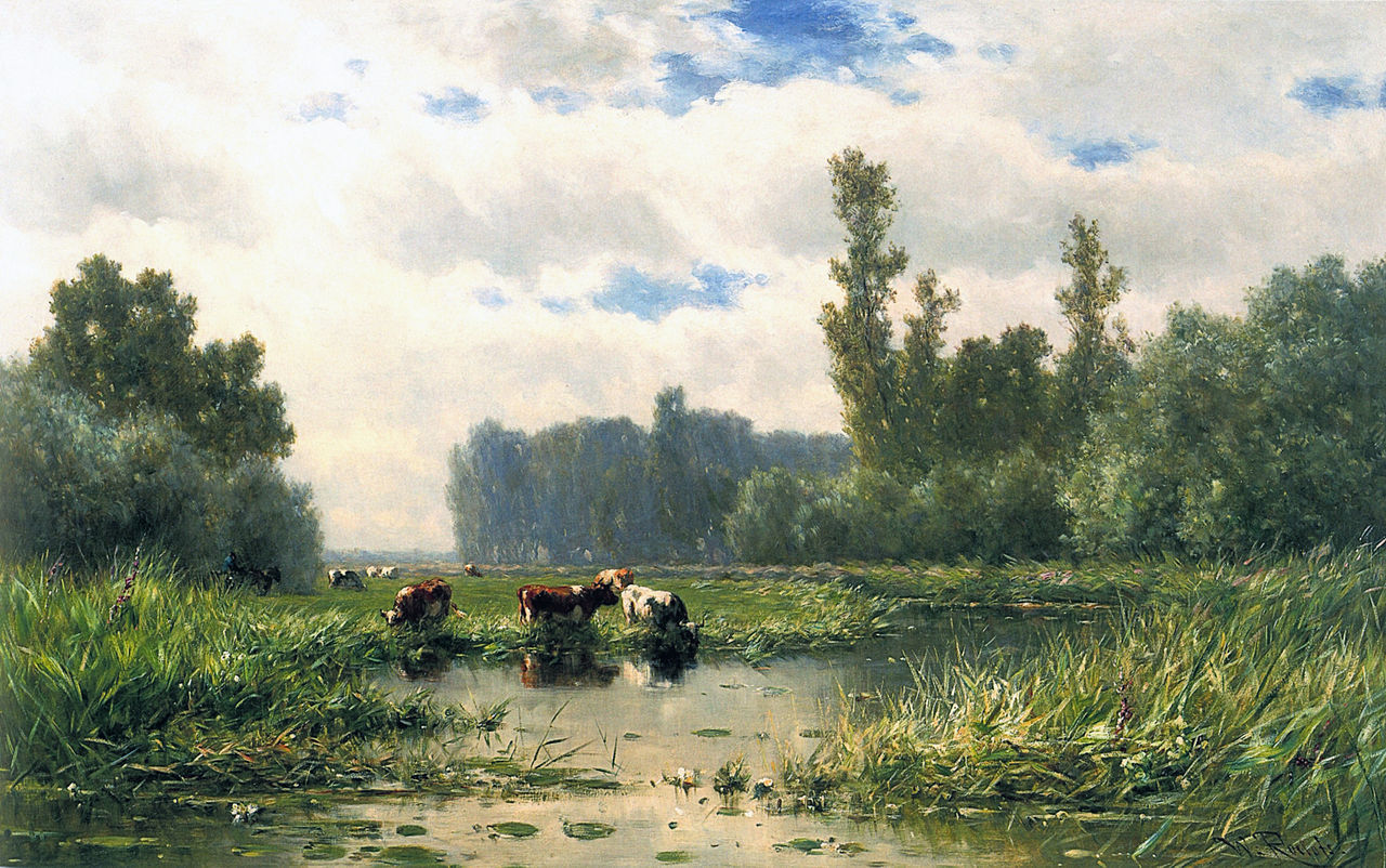 Cows at the Waterside, vintage artwork by Willem Roelofs, 12x8" (A4) Poster