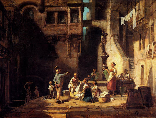 Washerwomen at the Well, vintage artwork by Carl Spitzweg, A3 (16x12") Poster Print