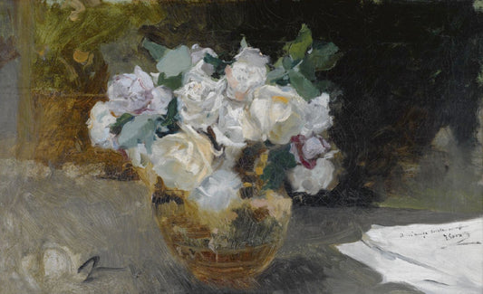 Bodegon de Rosas Blancas, vintage artwork by Joaquin Sorolla y Bastida, 12x8" (A4) Poster