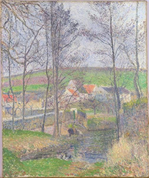 Banks of the Viosne at Osny, grey weather, winter, vintage artwork by Camille Pissarro, 12x8" (A4) Poster