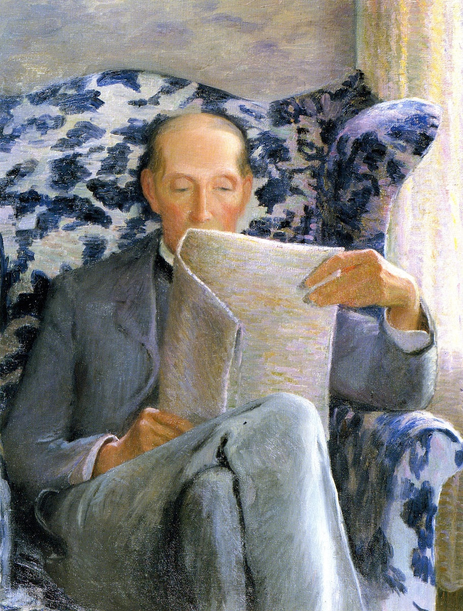 Thomas Sergeant Perry Reading a Newspaper, vintage artwork by Lilla Cabot Perry, 12x8" (A4) Poster