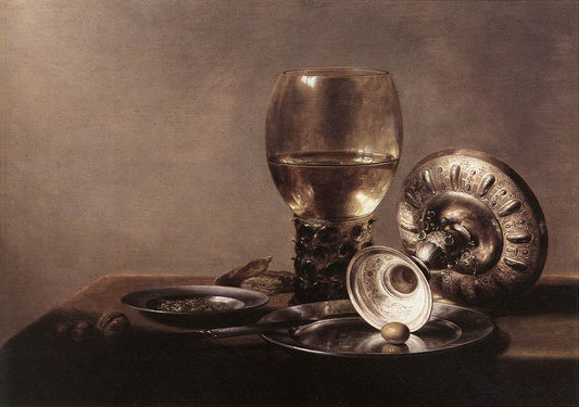 Still Life with Wine Glass and Silver Bowl, vintage artwork by Pieter Claesz, 12x8" (A4) Poster