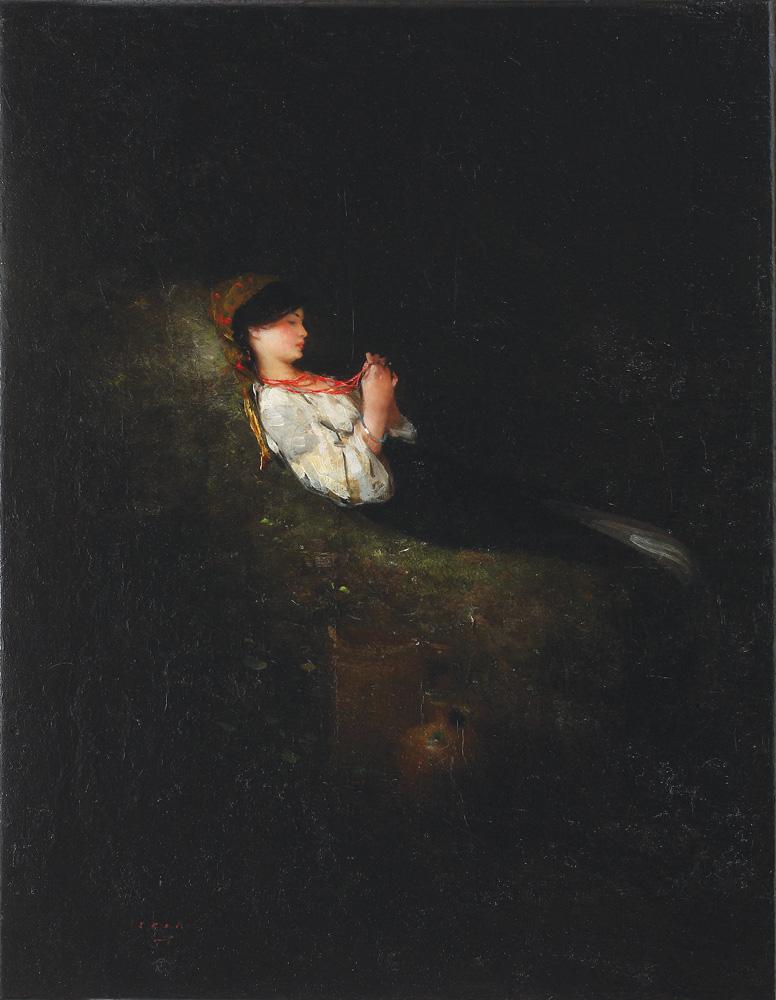 Peasant Girl Resting, vintage artwork by Nicolae Grigorescu, 12x8" (A4) Poster