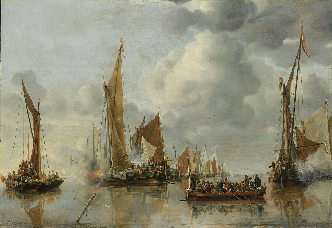 The Home Fleet Saluting the State Barge, vintage artwork by Jan van de Cappelle, 12x8" (A4) Poster