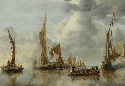 The Home Fleet Saluting the State Barge, vintage artwork by Jan van de Cappelle, 12x8" (A4) Poster