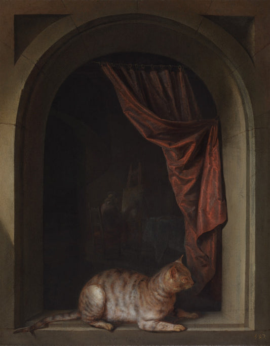 Cat Crouching on the Ledge of an Artist's Atelier, vintage artwork by Gerrit Dou, 12x8" (A4) Poster