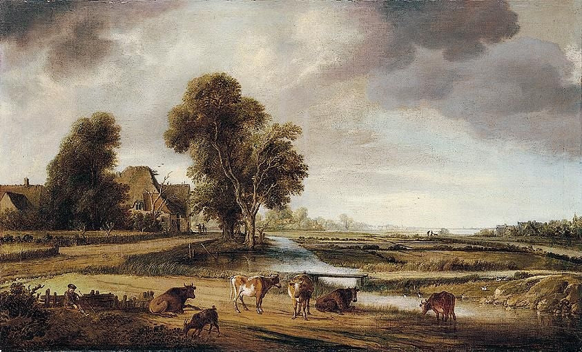 Village with Trees on a Waterway, Herdsman and Cattle in Foreground, vintage artwork by Aert van der Neer, 12x8" (A4) Poster
