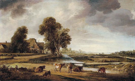 Village with Trees on a Waterway, Herdsman and Cattle in Foreground, vintage artwork by Aert van der Neer, 12x8" (A4) Poster