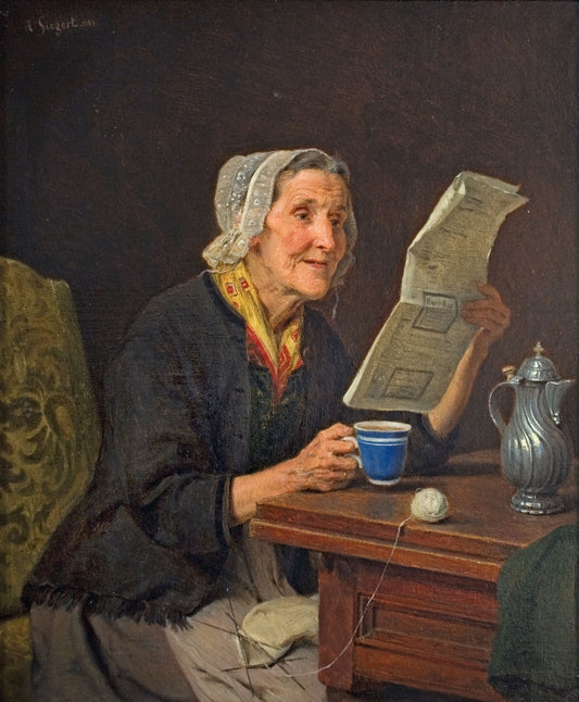 Old woman with newspaper and coffee cup, vintage artwork by August Friedrich Siegert, A3 (16x12") Poster Print