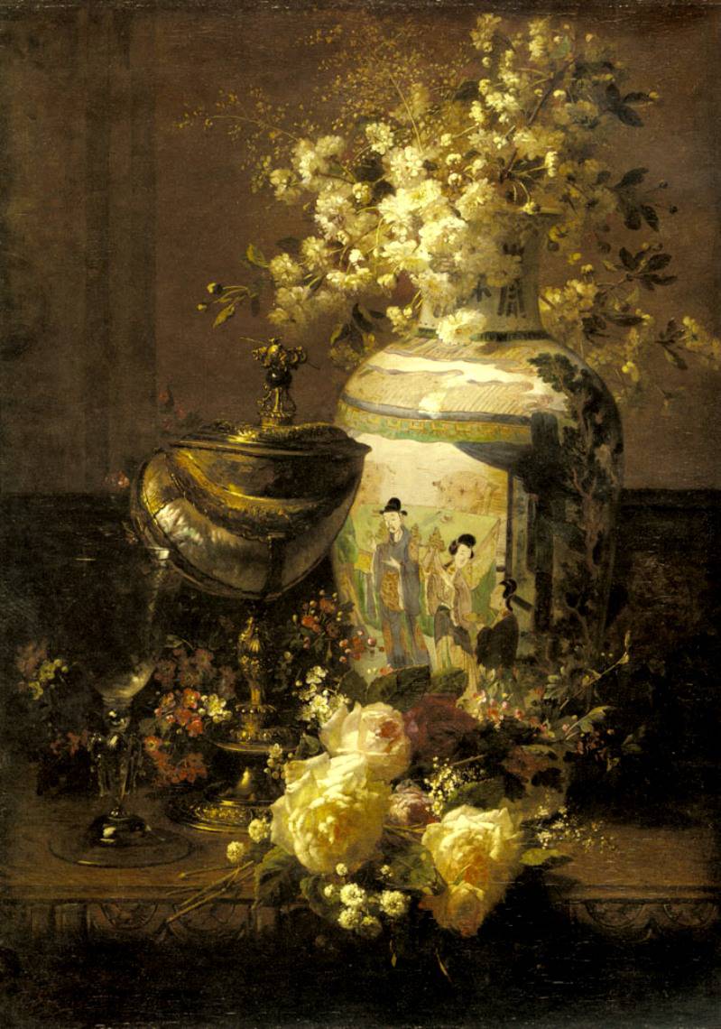 Still Life With Japanese Vase And Flowers, vintage artwork by Jean Baptiste Robie, A3 (16x12") Poster Print