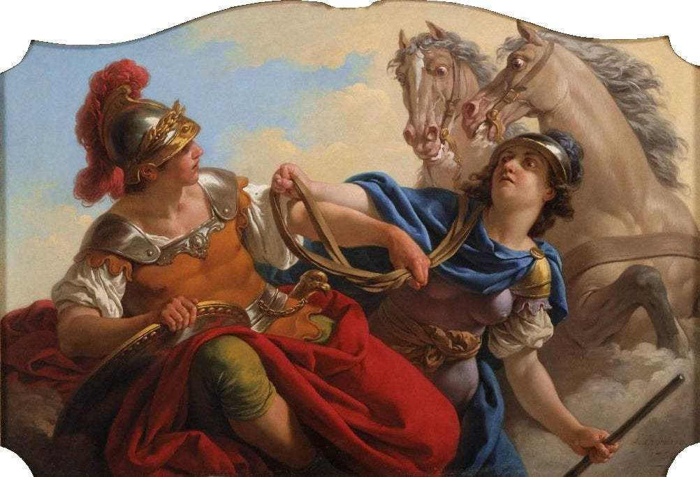 Bellona Presenting the Reins of his Horses to Mars, vintage artwork by Louis Jean François Lagrenee, 12x8" (A4) Poster