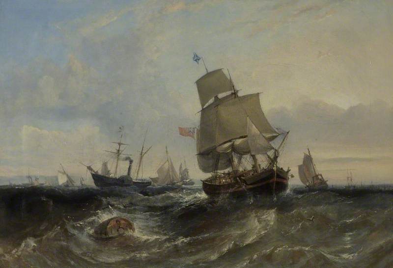 Merchant Ship and Other Vessels in a Breeze, vintage artwork by William Adolphus Knell, A3 (16x12") Poster Print