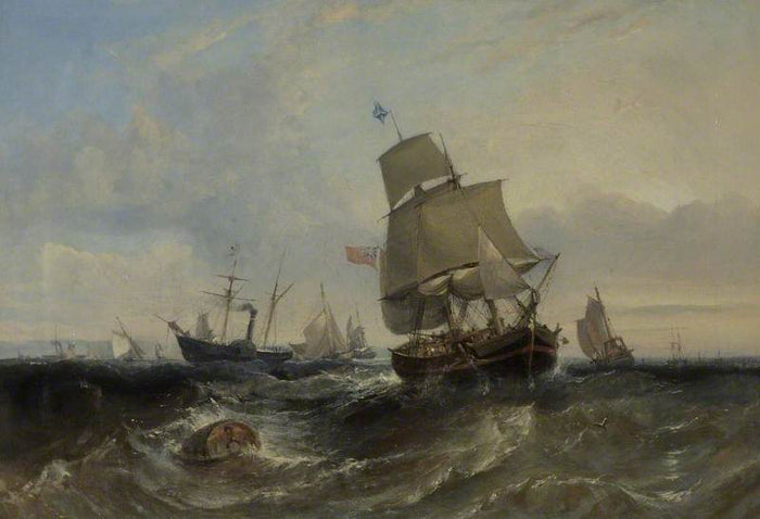 Merchant Ship and Other Vessels in a Breeze, vintage artwork by William Adolphus Knell, A3 (16x12