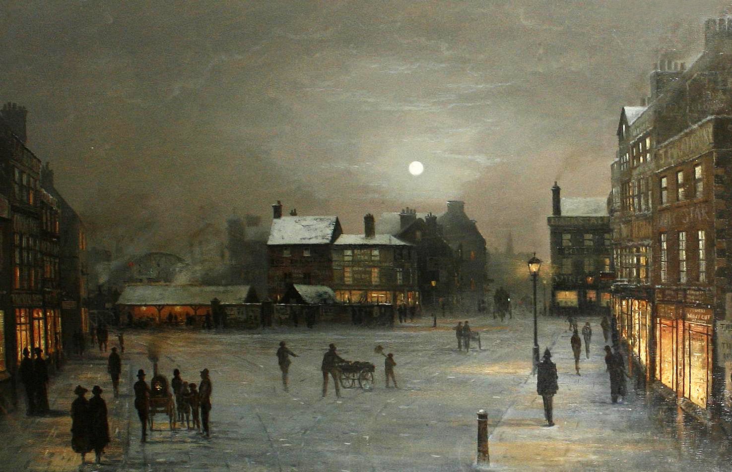 Street Scene at Twilight, vintage artwork by Wilfred Jenkins, 12x8" (A4) Poster
