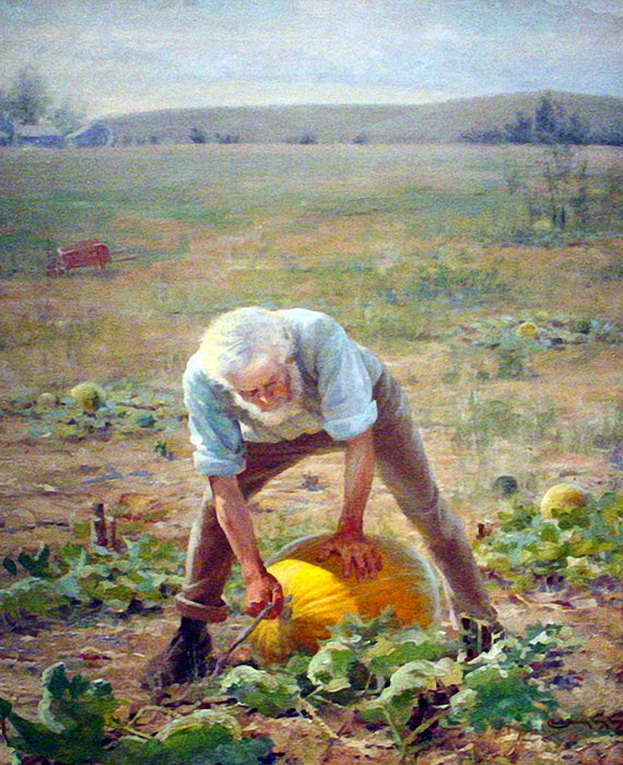 Farmer With Pumpkin, vintage artwork by Charles Frederick Naegele, 12x8" (A4) Poster