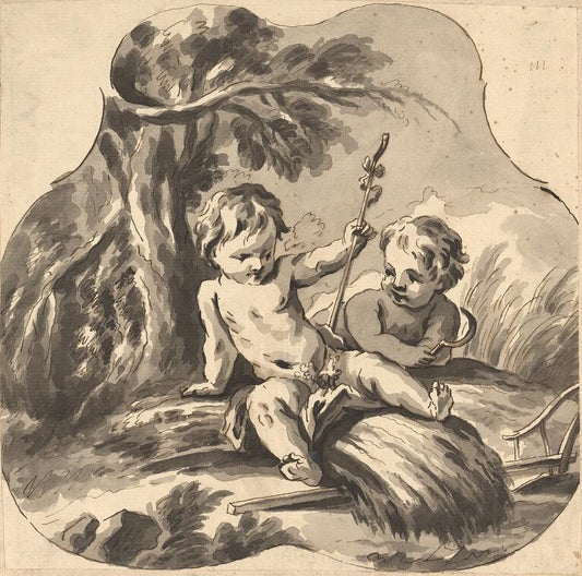 Two Children in a Landscape, vintage artwork by Guillaume Thomas Taraval, 12x8" (A4) Poster