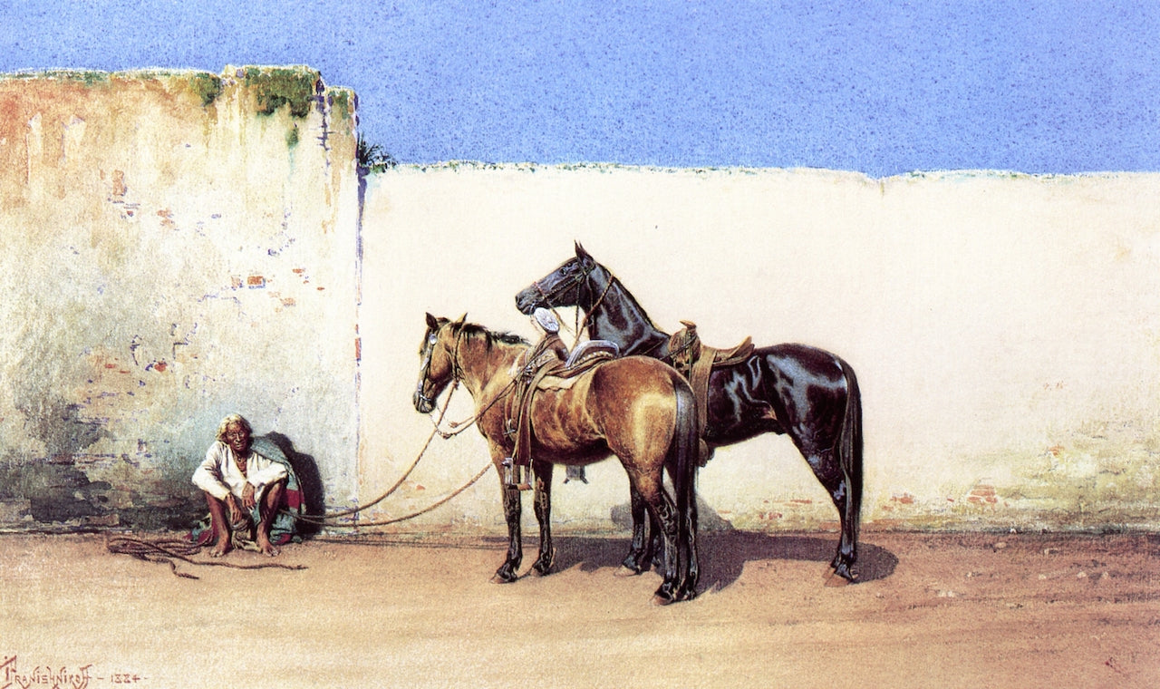 Hopi Man with Two Horses, vintage artwork by Ivan Pranishnikoff, 12x8" (A4) Poster