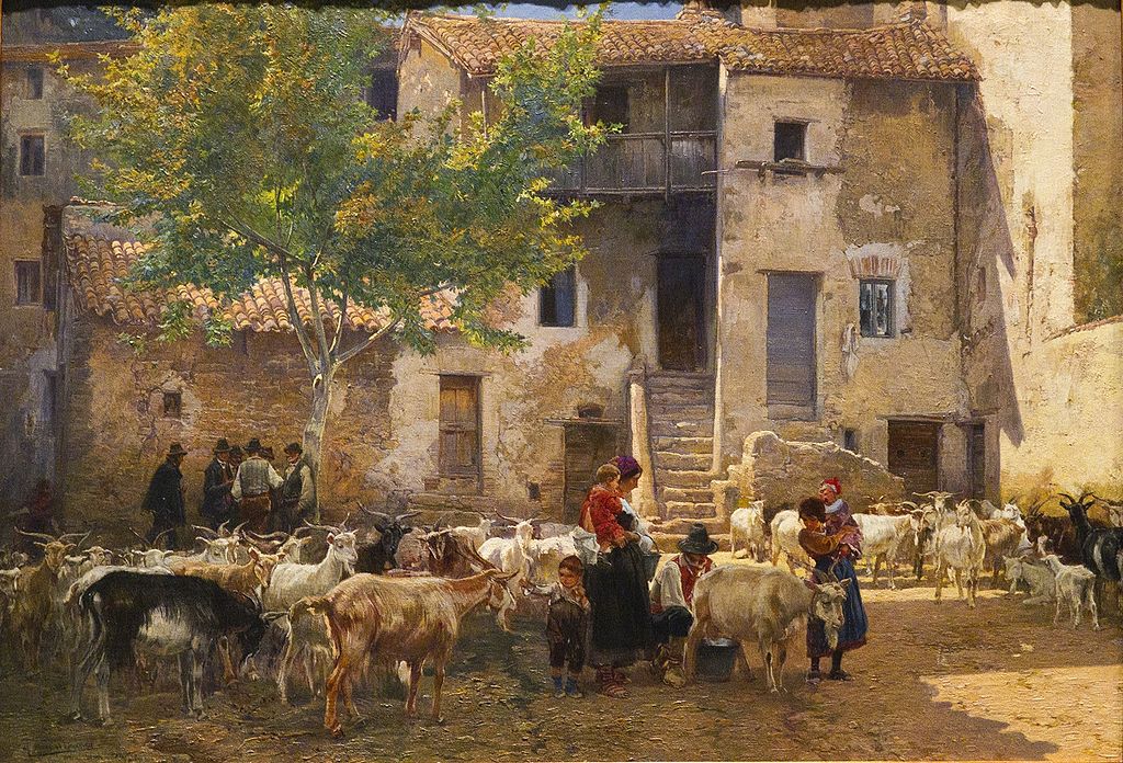 Milking time, vintage artwork by Mariano Barbasan Lagueruela, 12x8" (A4) Poster