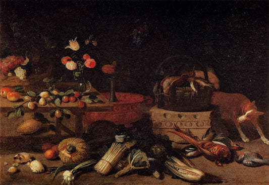 Interior of a Kitchen with a Dog, vintage artwork by Jan van Kessel the Elder, 12x8" (A4) Poster