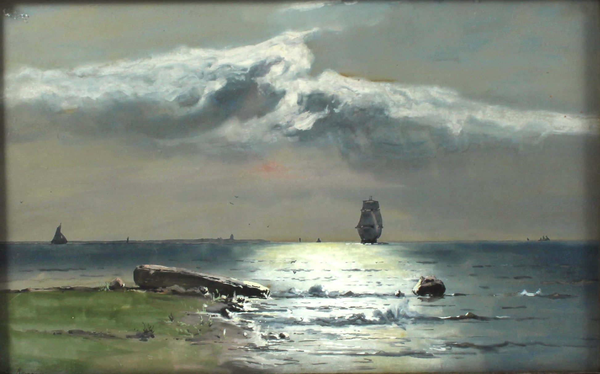 A Seascape: A Sunbeam through the Clouds, vintage artwork by Georges Roussin, 12x8" (A4) Poster