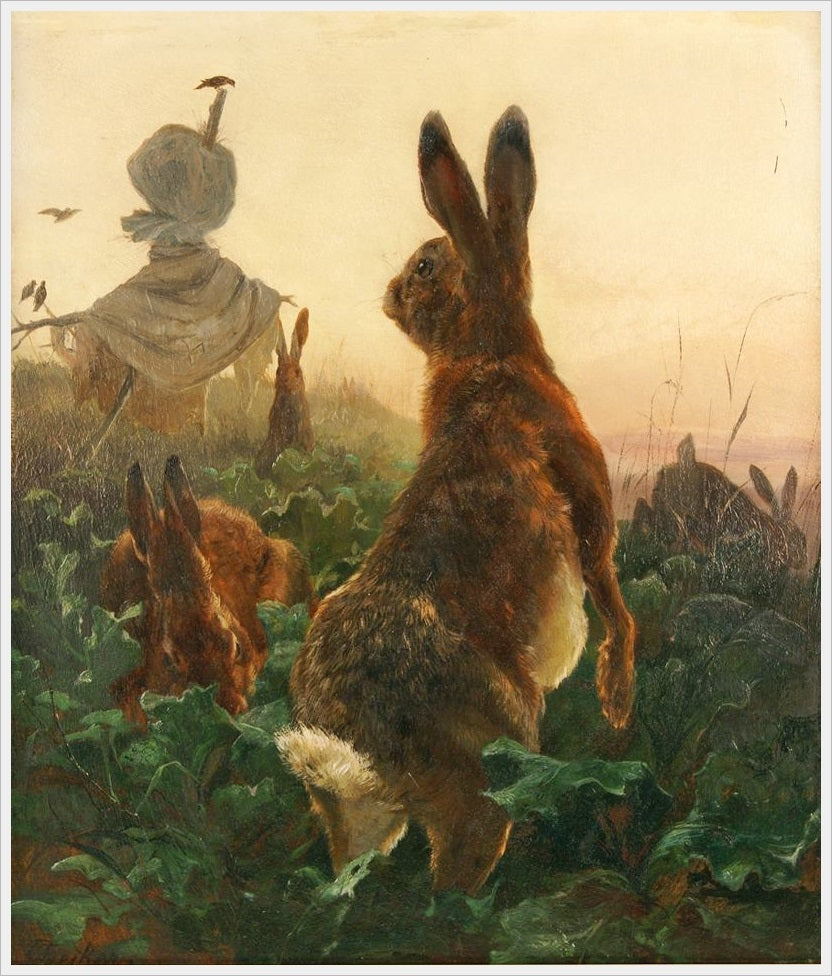 Rabbits in a Cabbage Field, vintage artwork by Carl Friedrich Deiker, 12x8" (A4) Poster