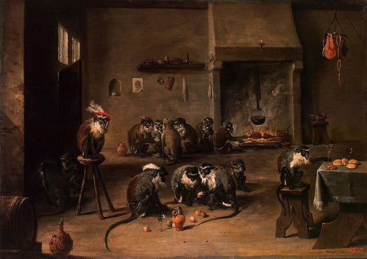 Apes in the Kitchen, vintage artwork by David Teniers (II), 12x8" (A4) Poster