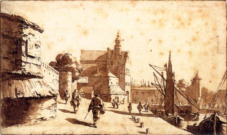 The Schiedam Gate at Delft, vintage artwork by Jan de Bisschop, 12x8" (A4) Poster