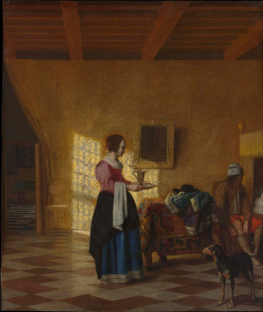Woman with a Water Pitcher, and a Man by  a Bed, vintage artwork by Pieter de Hooch, 12x8" (A4) Poster