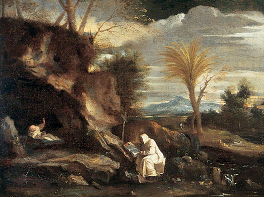 Rocky Landscape with Two Carthusian Monks, vintage artwork by Pier Francesco Mola, 12x8" (A4) Poster
