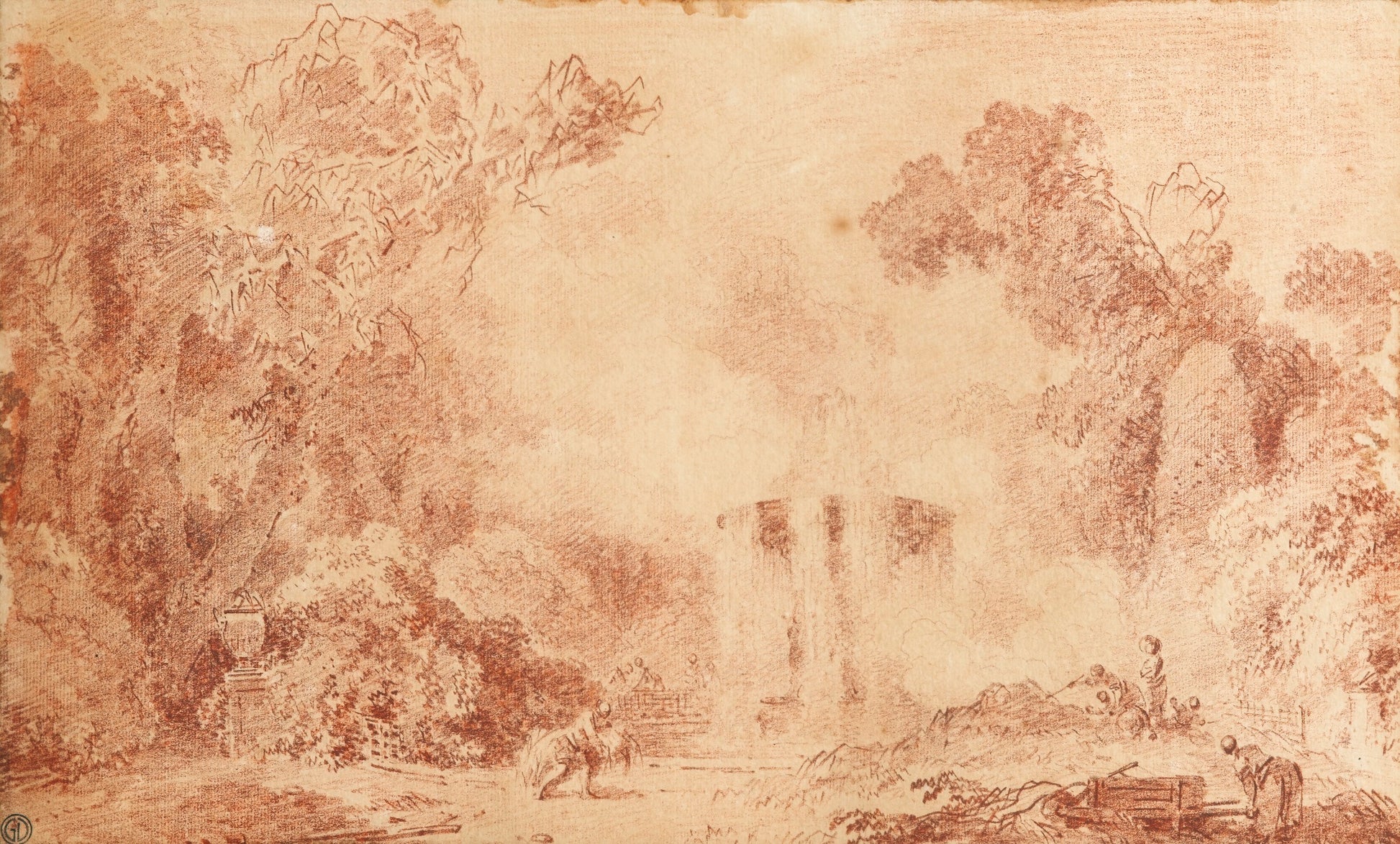 An Italianate Park with a Large Fountain and Figures, vintage artwork by Jean-Honore Fragonard, 12x8" (A4) Poster