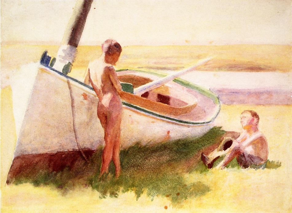Two Boys by  a Boat, vintage artwork by Thomas P. Anshutz, 12x8" (A4) Poster