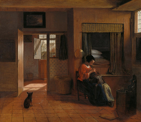 A Mother Delousing Her Child's HaIr, vintage artwork by Pieter de Hooch, 12x8" (A4) Poster