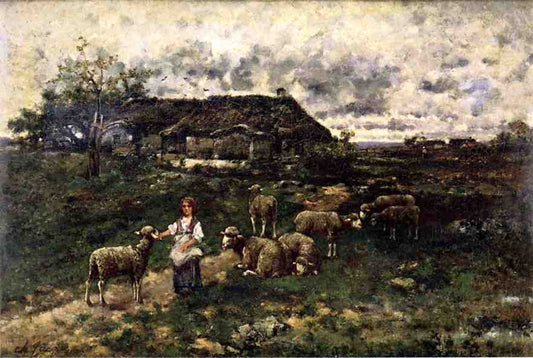 A Shepherdess and Her Flock, vintage artwork by Charles-Émile Jacque, A3 (16x12") Poster Print