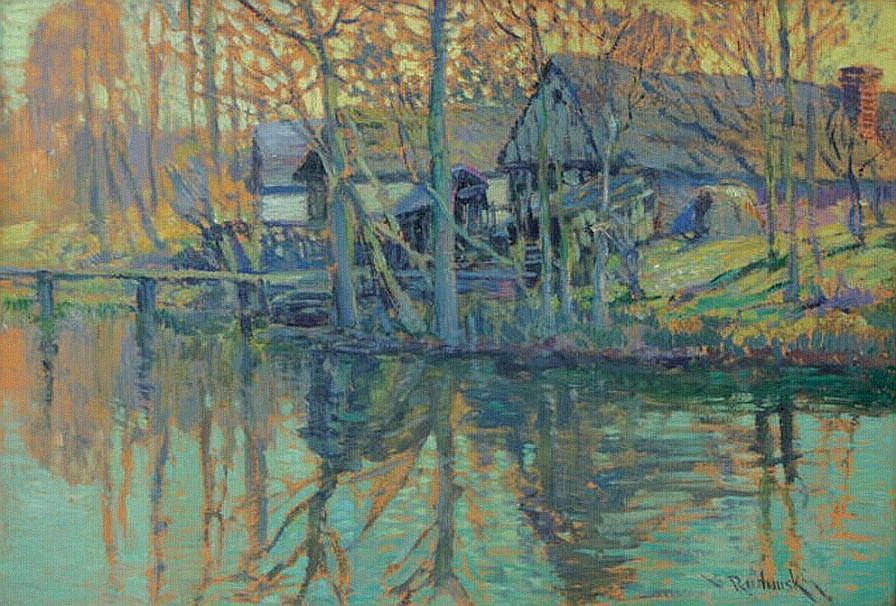 Old Houses by  a River, vintage artwork by Václav Radimský, 12x8" (A4) Poster
