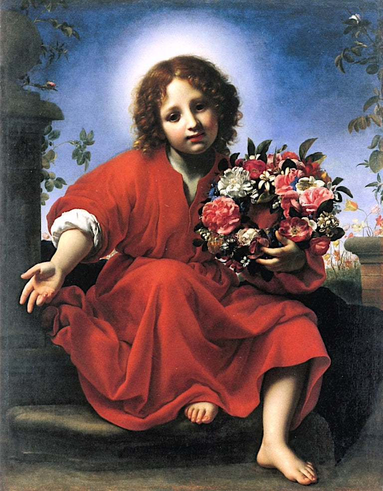 Christ Child with a Garland of Flowers, vintage artwork by Carlo Dolci, 12x8" (A4) Poster