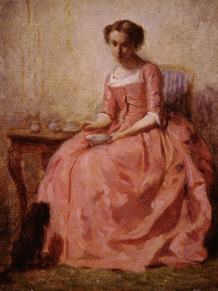 Girl in a Pink Dress Sitting at a Table with a Dog, vintage artwork by Charles Chaplin, 12x8" (A4) Poster
