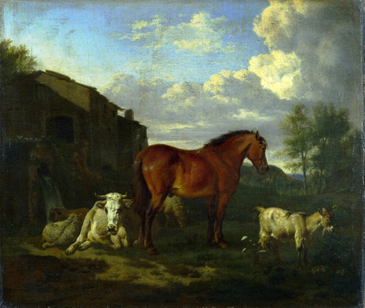 Animals near a Building, vintage artwork by Adriaen van de Velde, 12x8" (A4) Poster