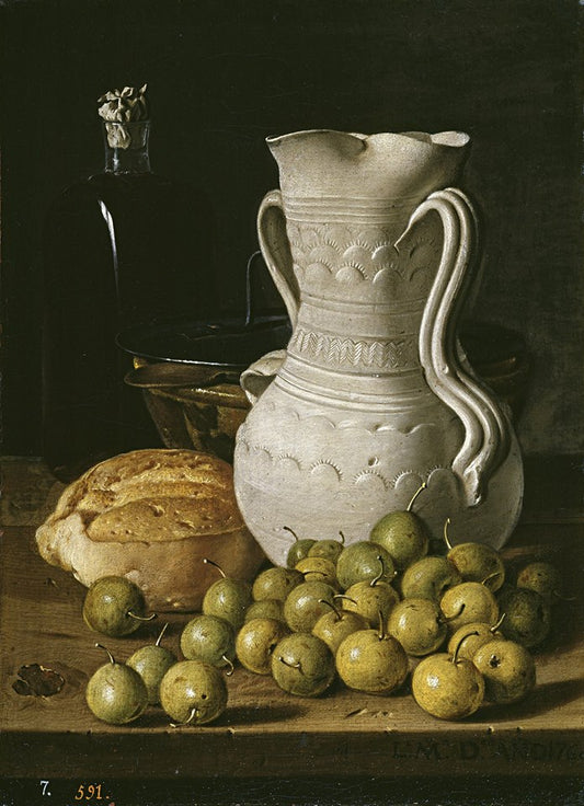Still Life with Green Olives and Jar, vintage artwork by Luis Melendez, 12x8" (A4) Poster