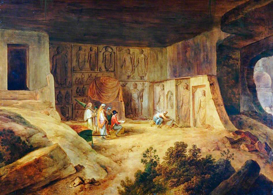 Inside of the Kanaree Caves at Salsette, vintage artwork by Thomas Daniell, 12x8" (A4) Poster