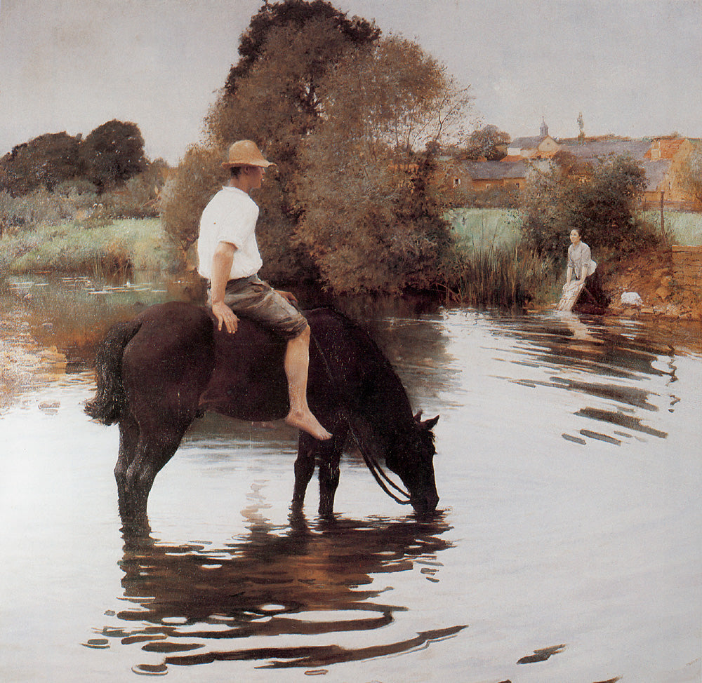 Young Peasant Taking His Horse to the Water Hole, vintage artwork by Jules-Alexis Muenier, 12x8" (A4) Poster