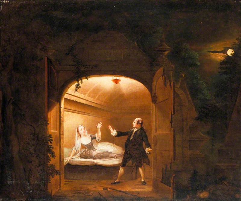 David Garrick (1717–1779), as Romeo, George Anne Bellamy (c.1731–1788), as Juliet, and Charles Blake, vintage artwork by Benjamin Wilson, 12x8" (A4) Poster