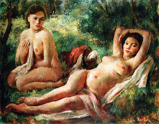 Luncheon in the Grass of Two Friends, vintage artwork by Vera Rockline, 12x8" (A4) Poster