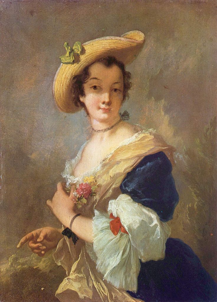 Portrait of a Woman with a Straw Hat, vintage artwork by Christian Wilhelm Ernst Dietrich, 12x8" (A4) Poster