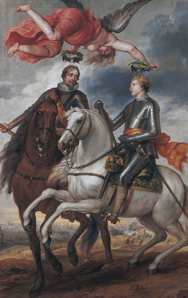 Frederik Hendrik and Maurits as Generals; the Battle of Flanders in the Distance, vintage artwork by Thomas Willeboirts Bosschaert, 12x8" (A4) Poster