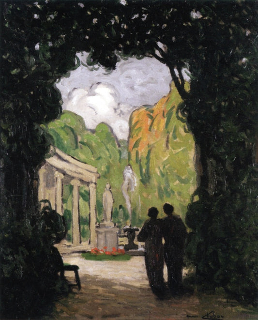 Two Women in a Park, vintage artwork by Maurice Chabas, 12x8" (A4) Poster