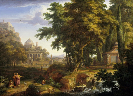 Arcadian landscape with the healing of the crippled man by  Saints Peter and John, vintage artwork by Jan van Huysum, 12x8" (A4) Poster